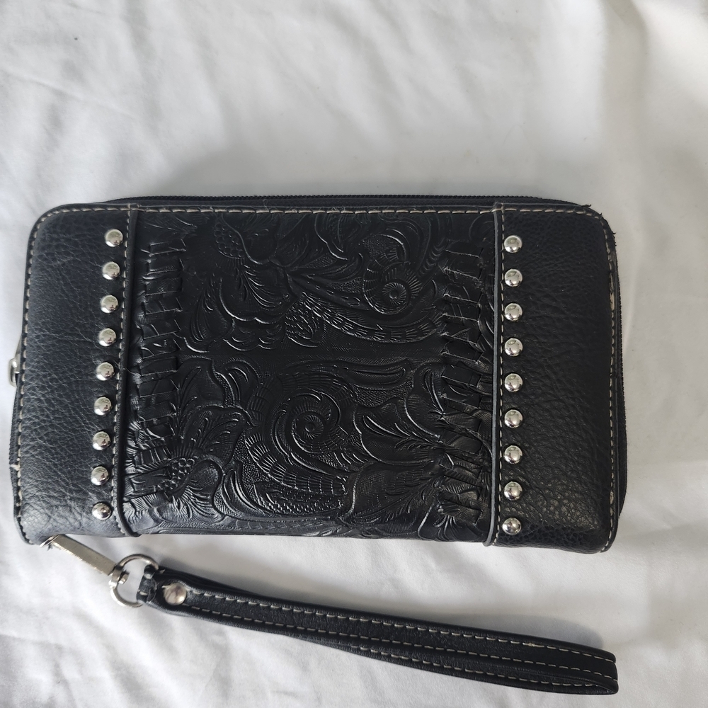 Black Floral Embossed PU Leather Wristlet Clutch with Stud Trim